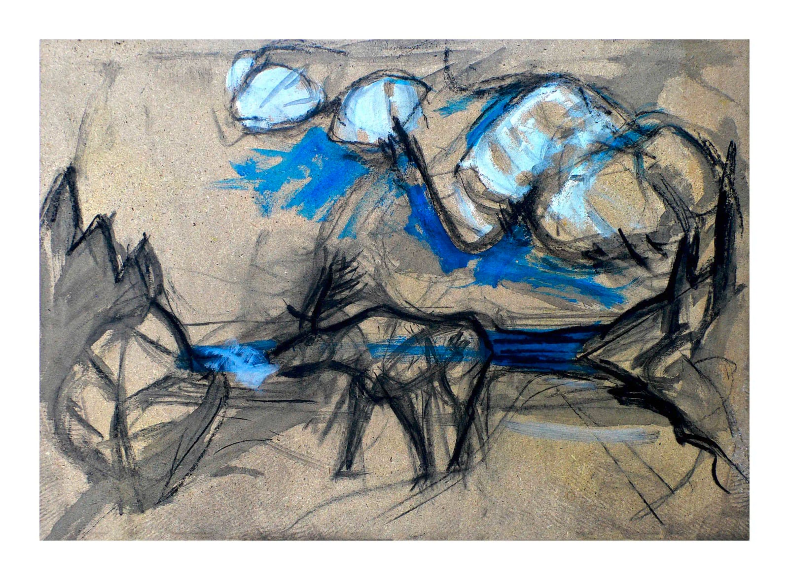 Runde weiß-blaue Formen schweben über einem Geflecht aus schwarzen Ästen, grauen Flächen und kräftigen blauen Bahnen.
