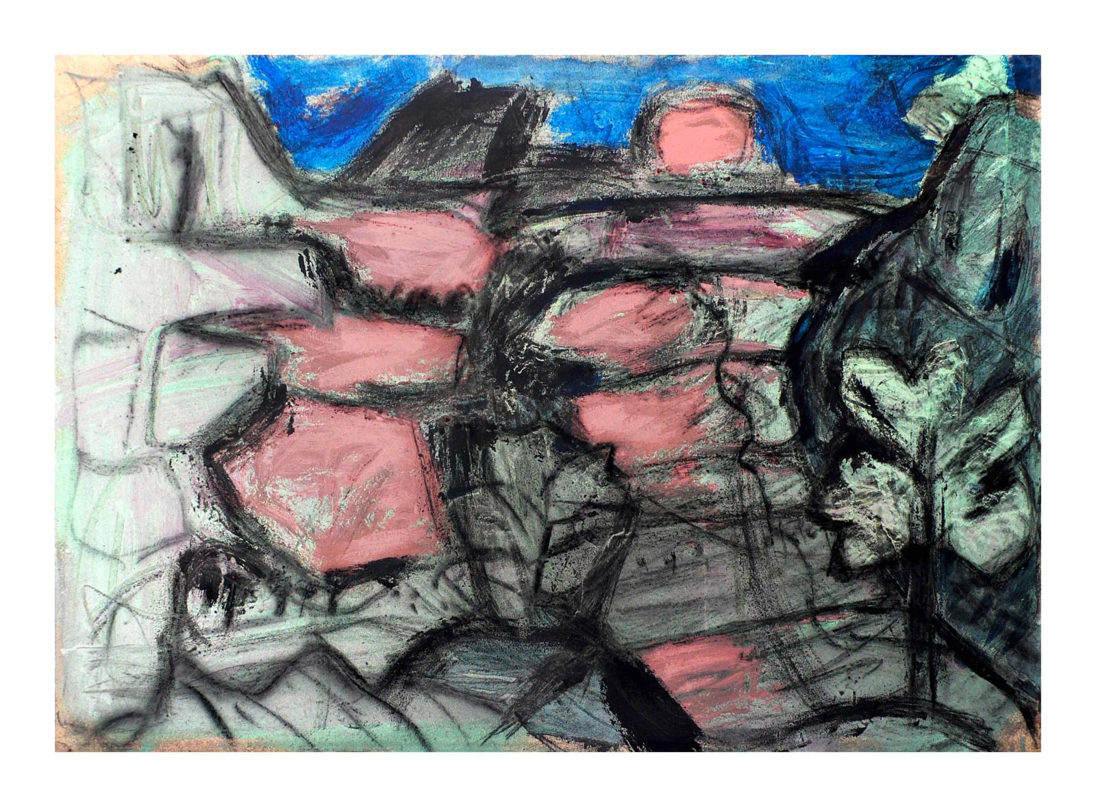 Abstraktes Querbild mit rosa und grauen Blockformen, schwarzem Liniennetz, blauem Hintergrund und heller Figur rechts