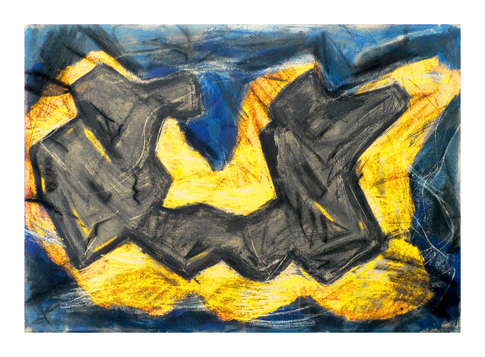 Zwei große schwarze Zickzackformen liegen über leuchtend gelben Flächen und einem tiefblauen Rand