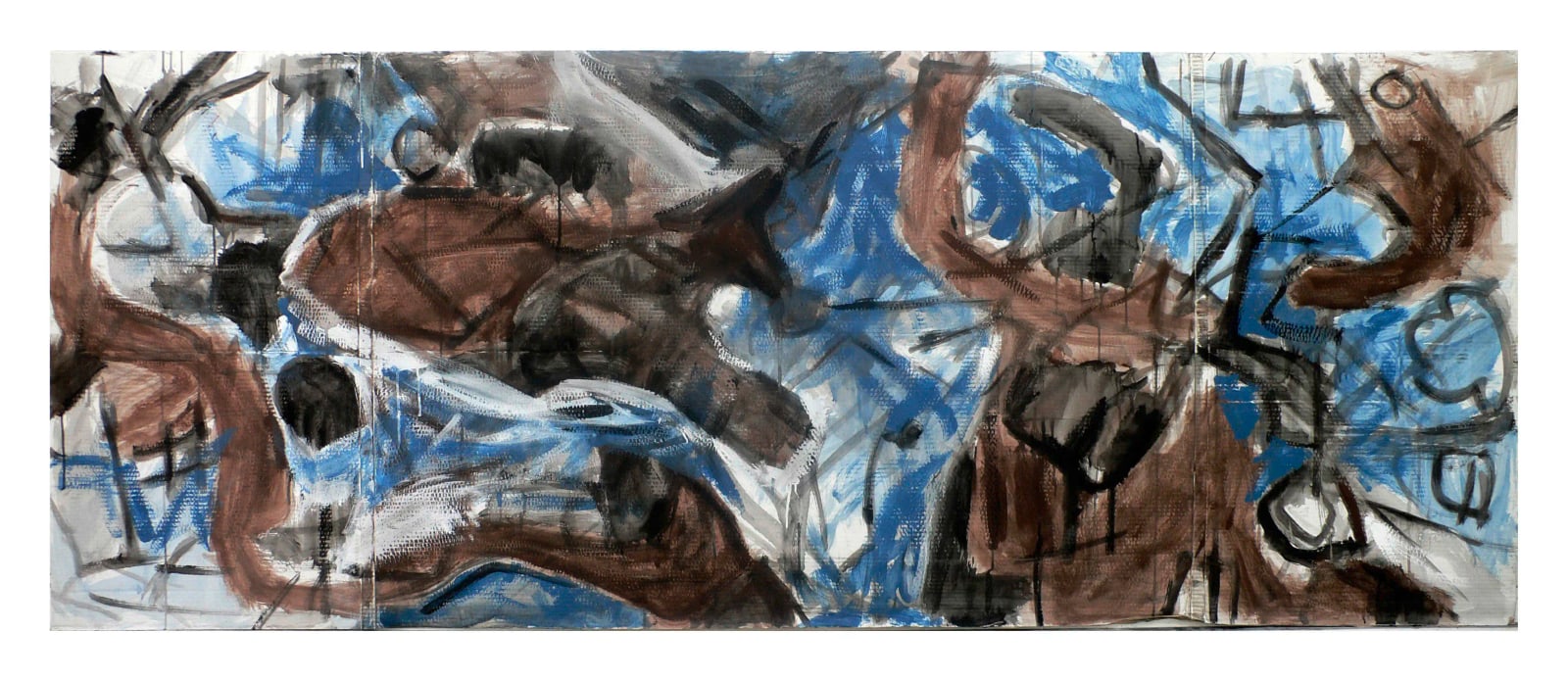Sehr breites abstraktes Bild aus überlagerten braunen, schwarzen und blauen Schleifen, Flächen und linearen Zeichen