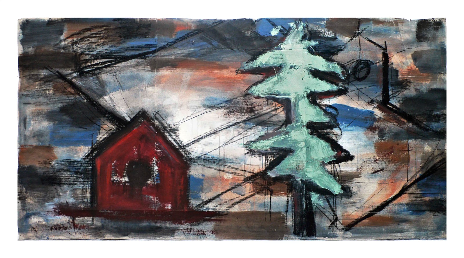 Kleine rote Hütte und blassgrüne Tanne in einer bewegten Landschaft aus Blau, Grau, Braun und schwarzen Diagonalen