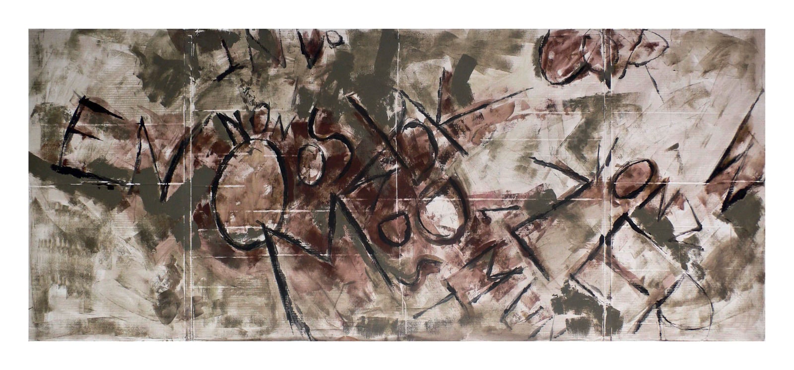 Sehr breites abstraktes Linienbild mit schwarzen Schleifen, Kreisen und spitzen Zeichen auf erdigen Grau- und Brauntönen