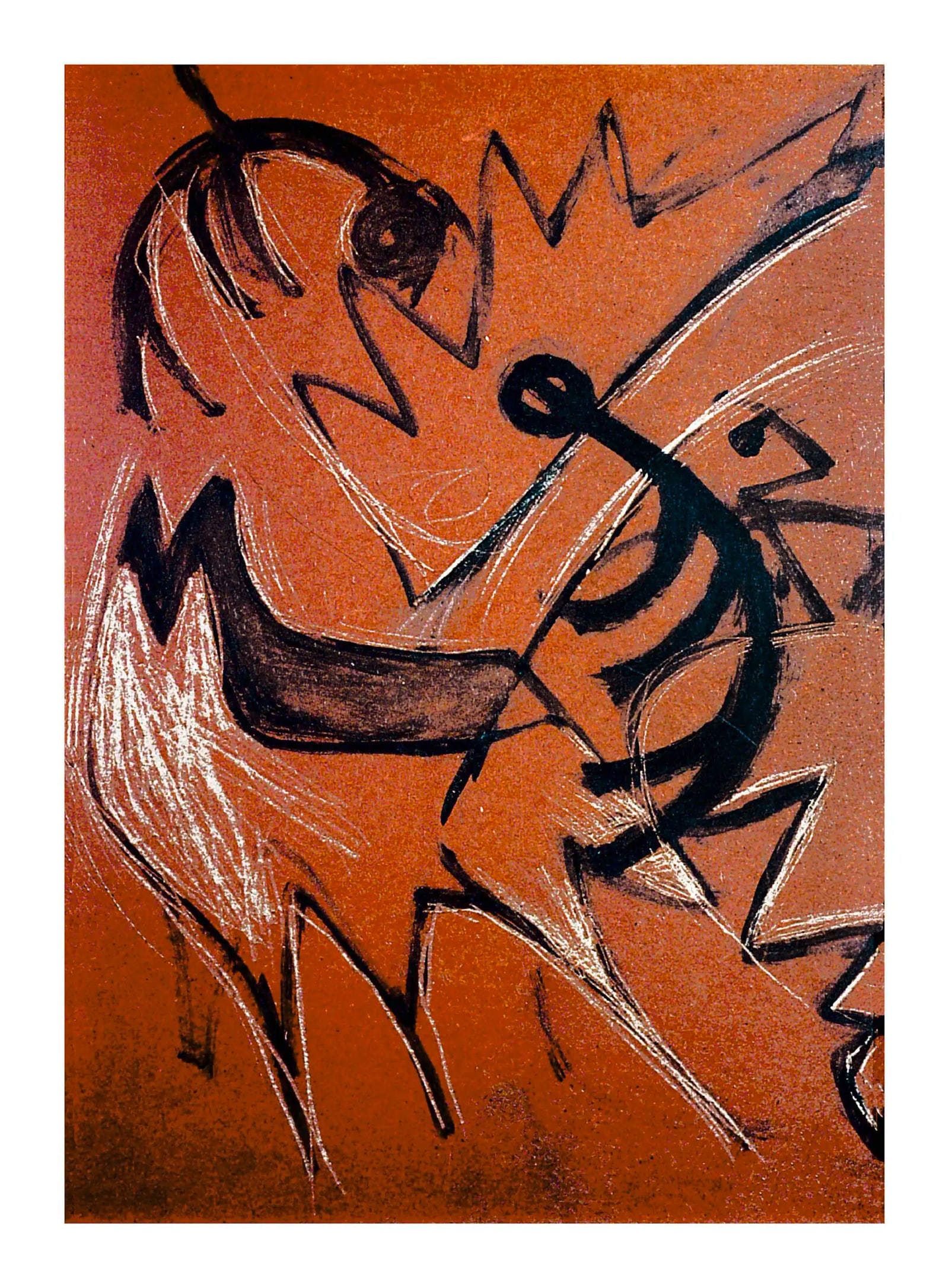Schwarze symbolhafte Figur, vogelähnlicher Kopf, weiße Bögen und scharfe Zacken auf kräftigem orangebraunem Grund