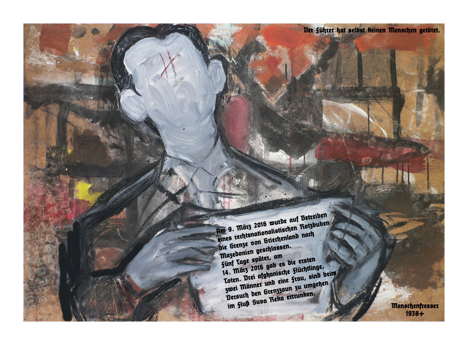 Gesichtslose Figur mit großem hellem Kopf und verschränkten Händen vor rotbrauner Collage mit mehreren schwarzen Textblöcken