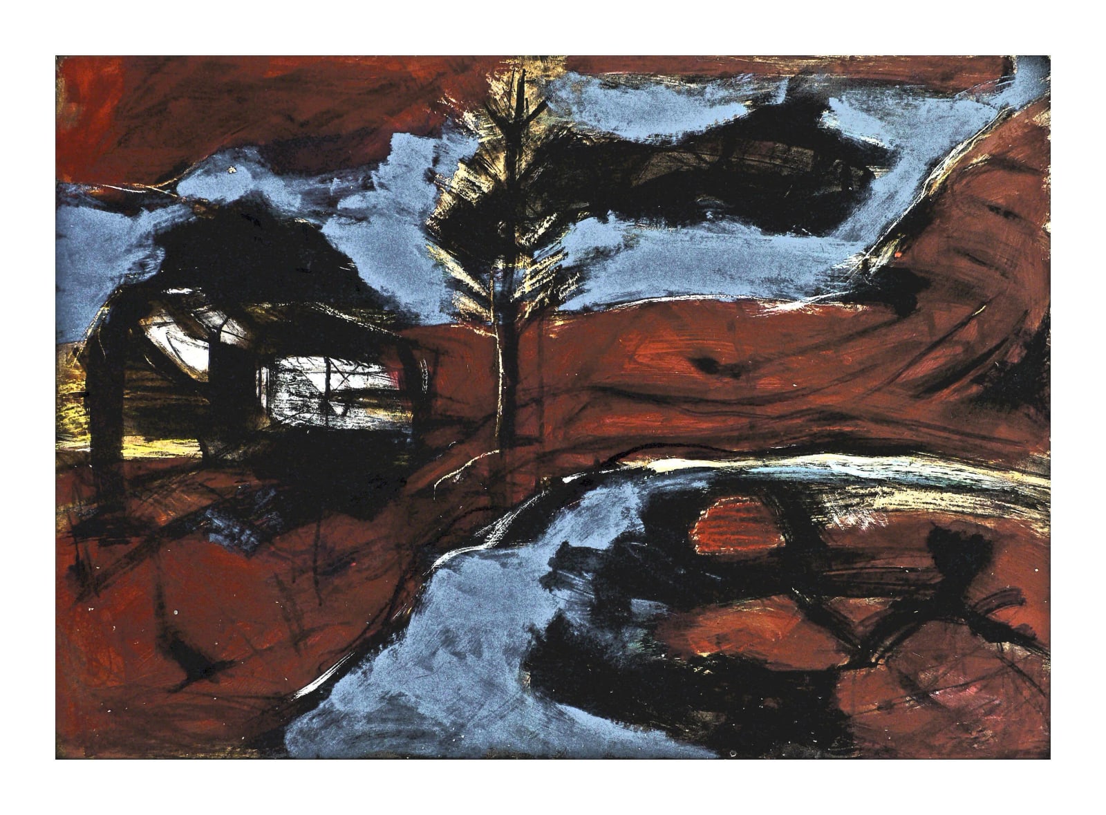 Dunkle Hütte und einzelne Tanne in einer rotbraunen Landschaft mit geschwungenen hellblauen Schnee- oder Wasserflächen