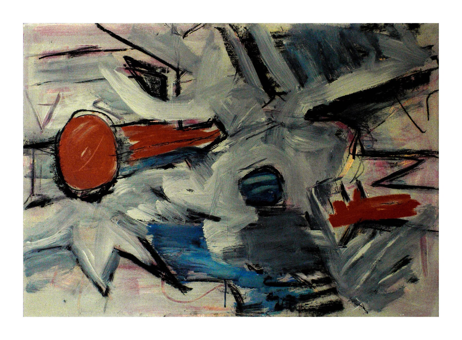 Abstraktes Querformat mit roter Scheibe und rotem Balken, blauem Feld, grauen Körpern und schwarzen Pfeilformen