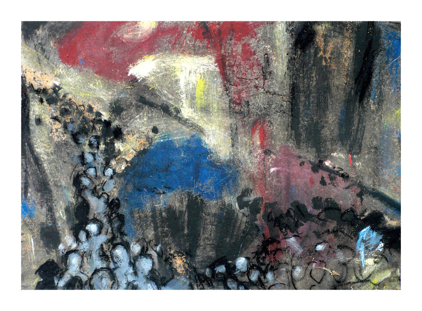 Abstrakte graue Stadtlandschaft mit roten Wolken, blauen Flächen, schwarzen Türmen und einer Reihe heller Figuren am unteren Rand.