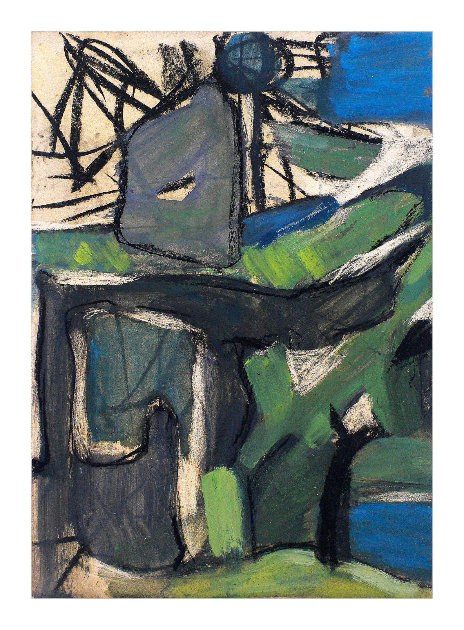 Hochformatige abstrakte Landschaft mit grauen blockhaften Formen, grünen Hügelbändern, blauen Flächen und schwarzen Gerüstlinien.