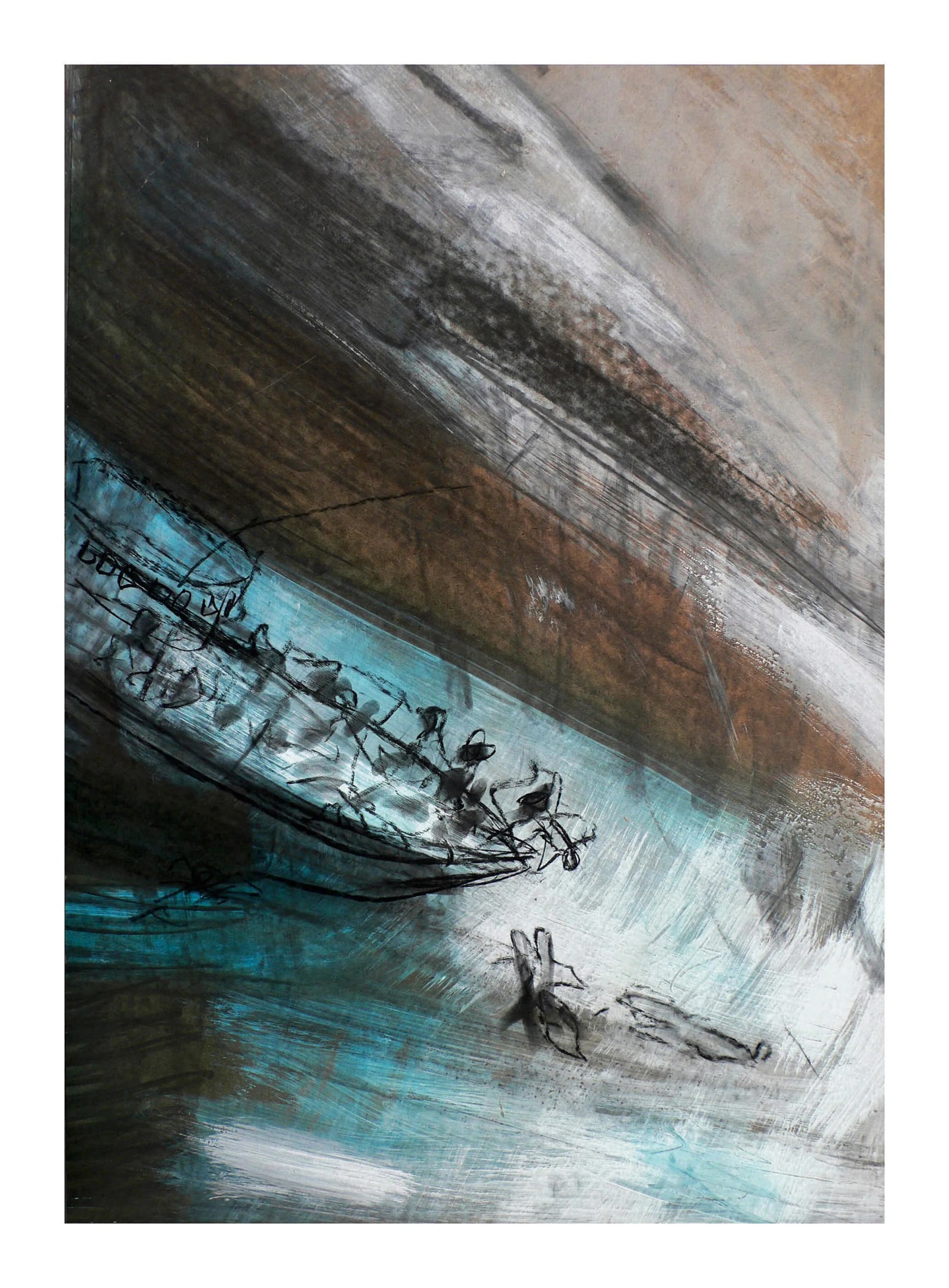 Hochformatige Wasserlandschaft mit einem schmalen Boot voller kleiner Figuren, türkisfarbenem Uferband und diagonalen Grau-Braun-Flächen.