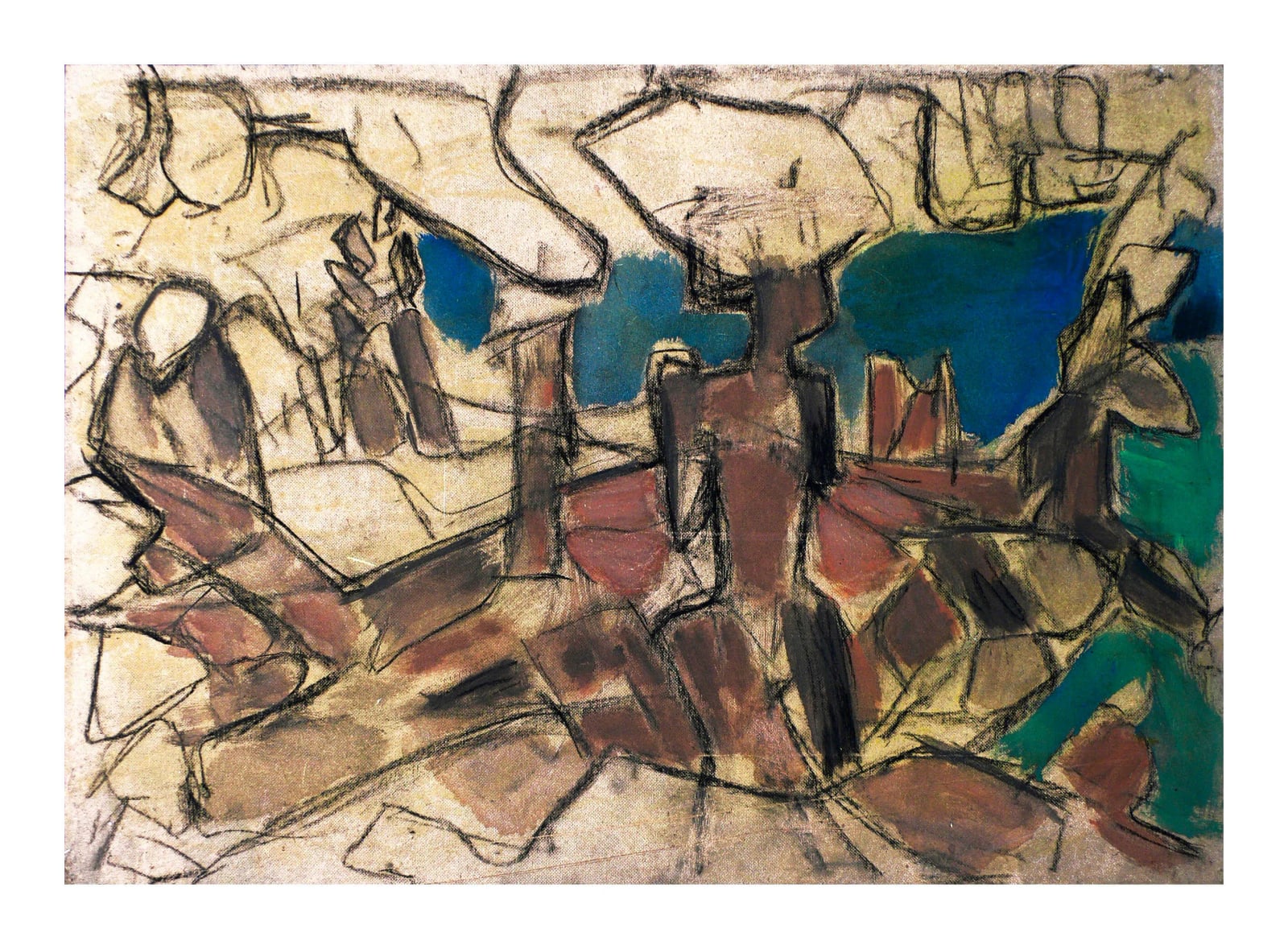 Dichtes Figuren- und Formengefüge in Braun, Beige, Petrol und Blau mit schwarzer Linienzeichnung und großen hellen Kopfformen.