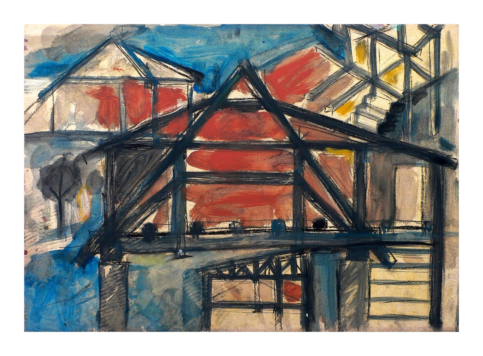 Architektonische Szene mit roten Giebeldächern, schwarzen Fachwerkbalken, blauen Flächen und einer erhöhten Brückenebene.