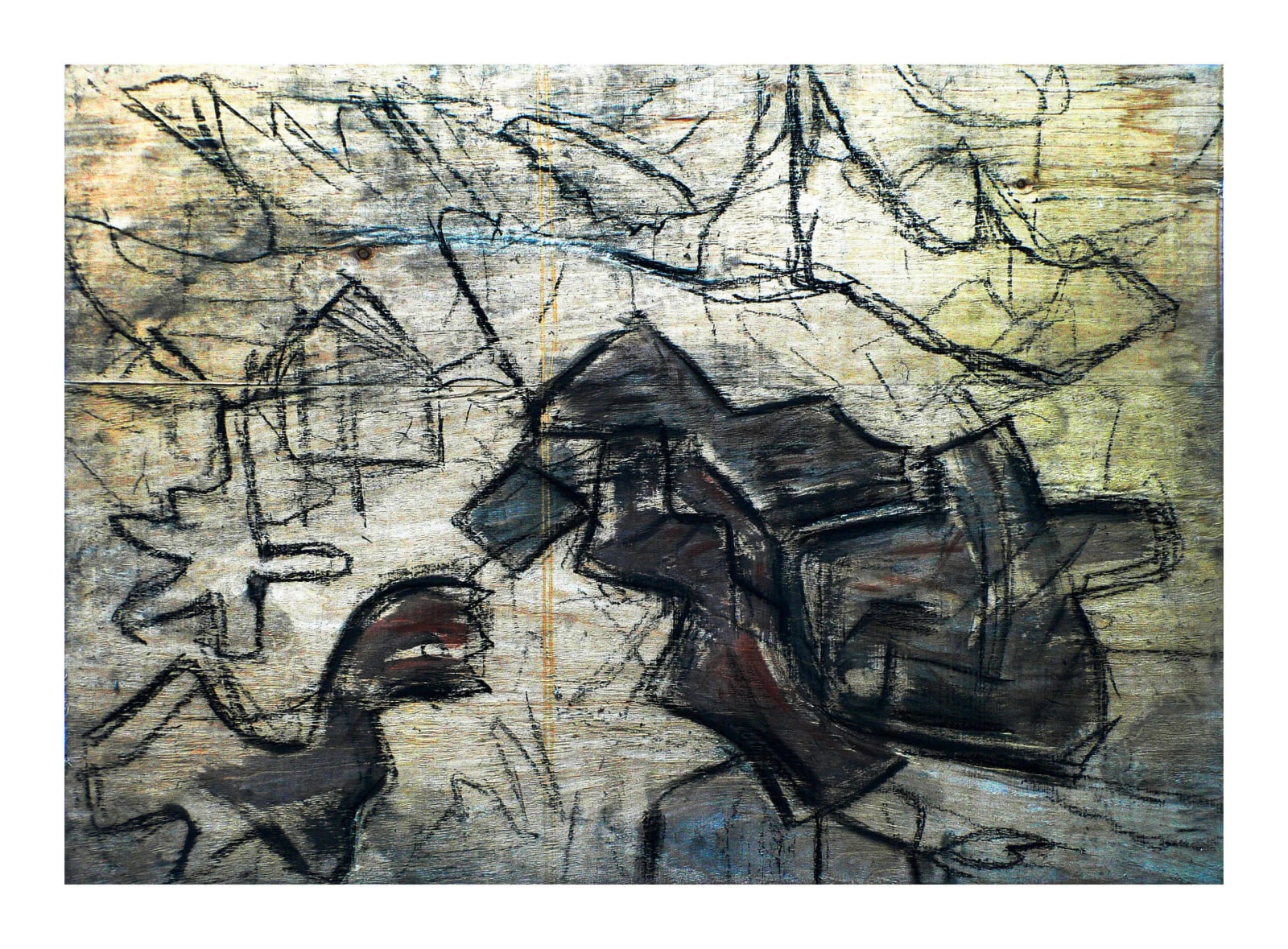 Abstrakte Landschaft mit einem großen dunklen Hauskörper, kleinem Haus links, Berglinien und einer gebogenen Figur im Vordergrund.
