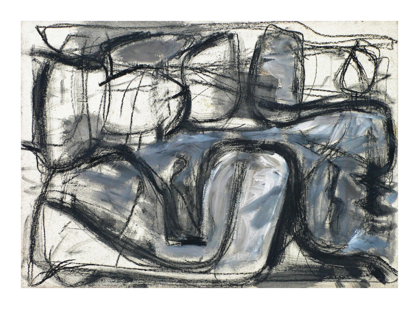 Nahezu monochrome abstrakte Landschaft aus großen grauen Rund- und Bogenformen, schwarzen Konturen und hellblauen Pinselspuren.