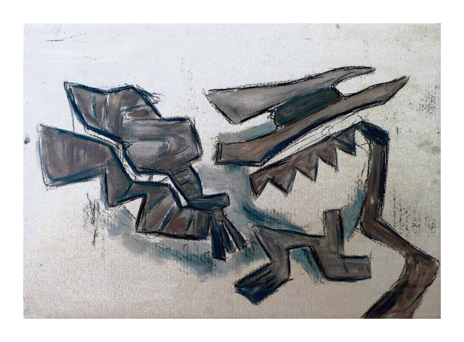 Reduzierte graue Komposition mit zwei Gruppen kantiger pfeil- und vogelähnlicher Formen, dunkelblauen Schatten und viel hellem Freiraum.