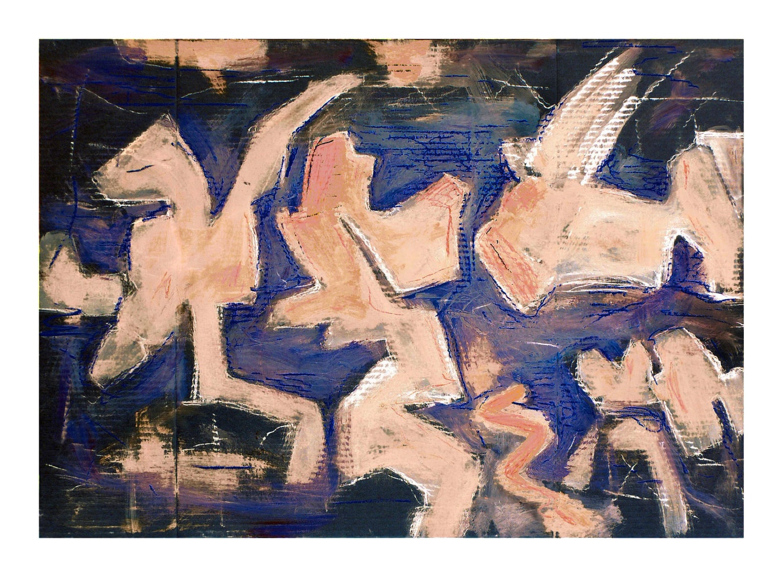 Querformat mit mehreren großen hellrosa Vogel- oder Figurenformen auf tiefblauem Grund, verbunden durch kantige Arme und Flügel.